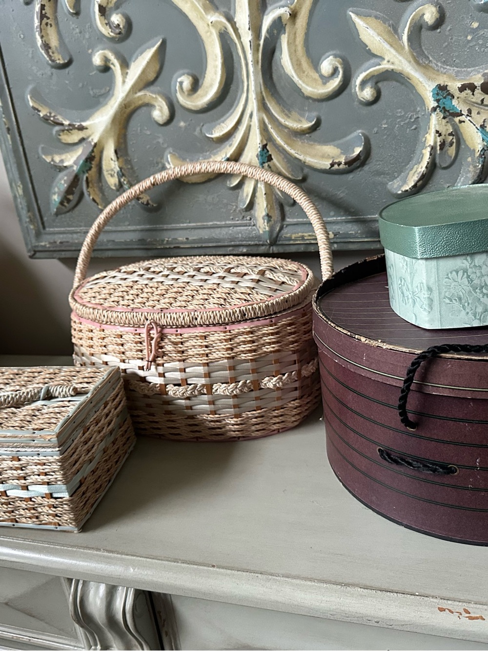 Vintage lot sewing baskets hat box Victoria secret heart box